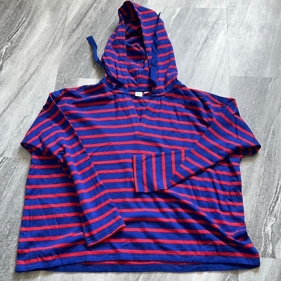 NWOT Gap lightweight v-neck striped cotton hoodie XL cropped red blue - Picture 3 of 9